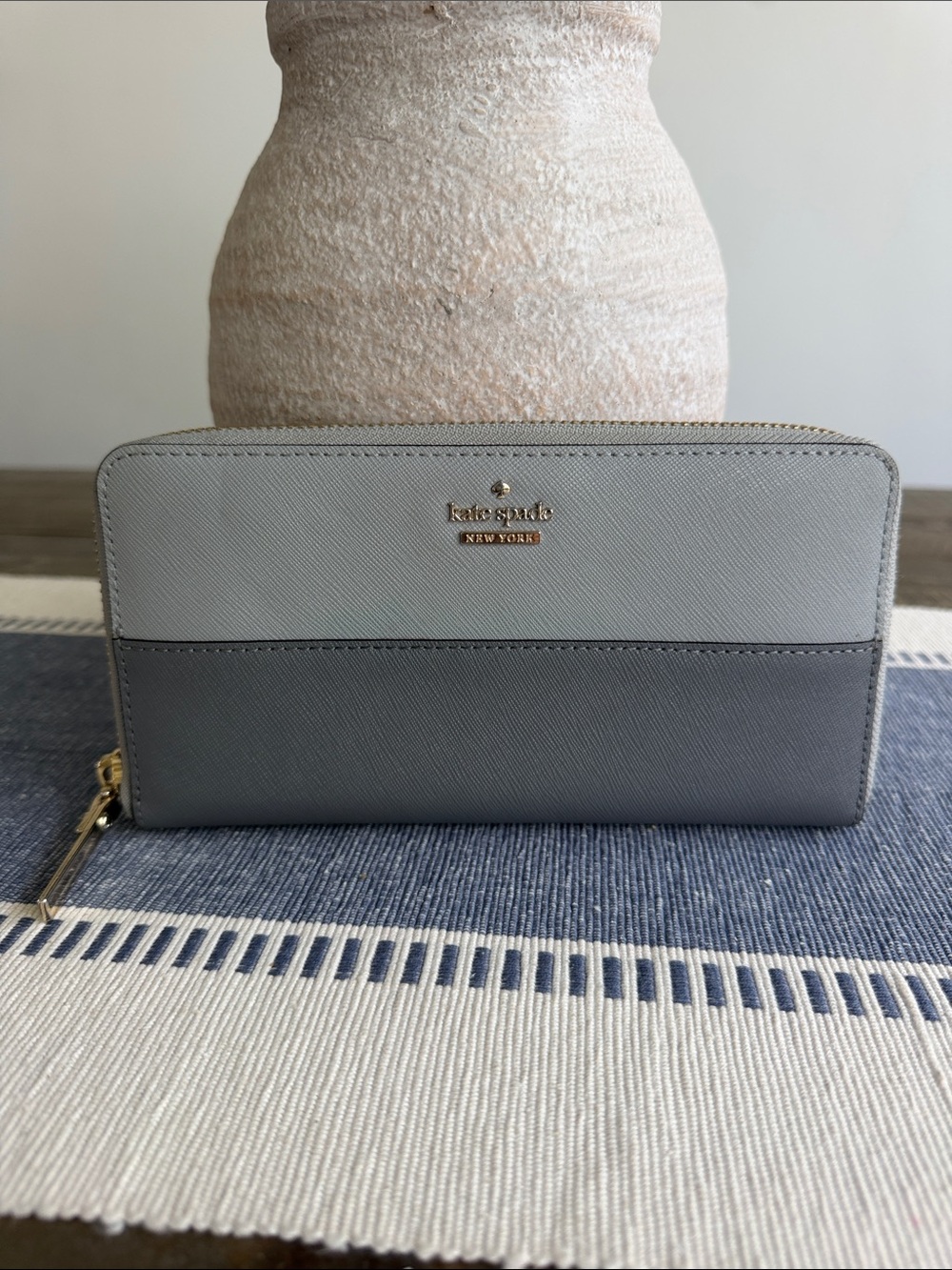 Kate Spade Two-Tone Gray Zip Around Wallet with Gold Hardware